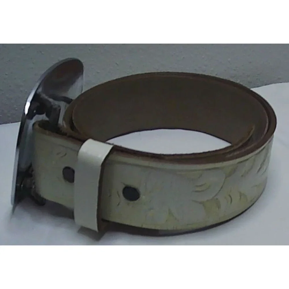 Vintage Western Flower Design Belt Buckle with White Tooled Leather Belt 28-32